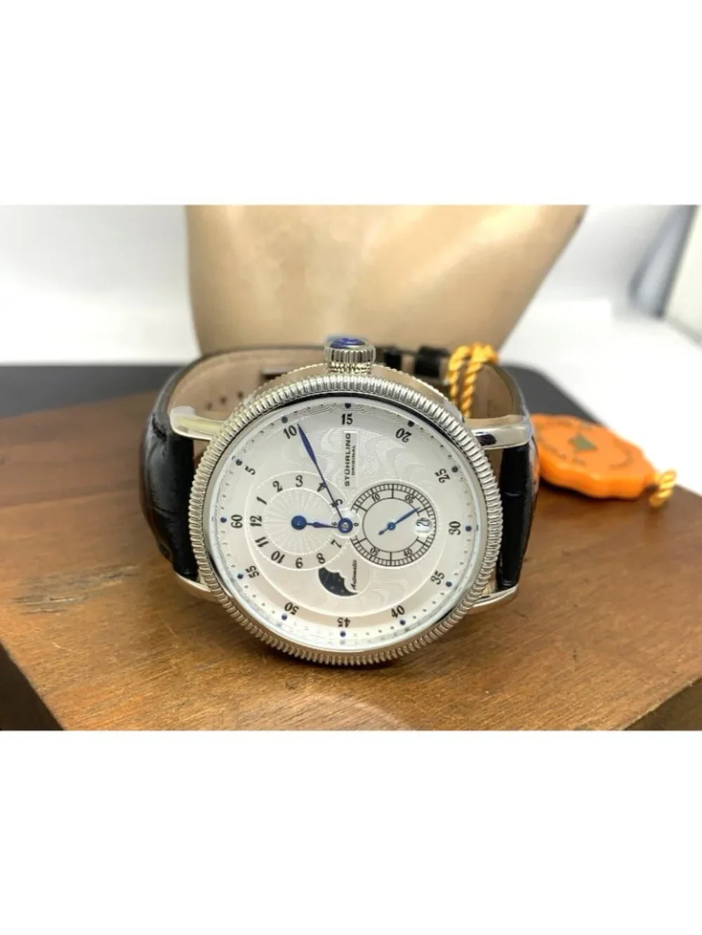 Stuhrling Men's Watch 97 Automatic Silver Dial Day Night Black Leather Band 40mm